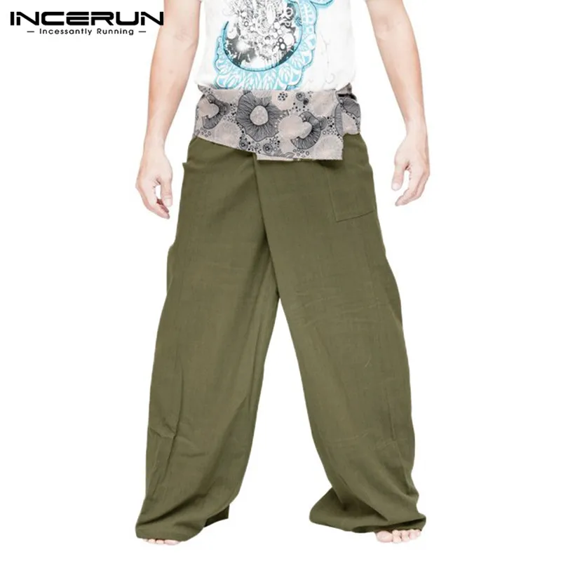 INCERUN мужские и женские широкие брюки с карманами, с принтом, мешковатые мусульманские штаны, повседневные брюки, винтажные женские и мужские тайские штаны для рыбалки