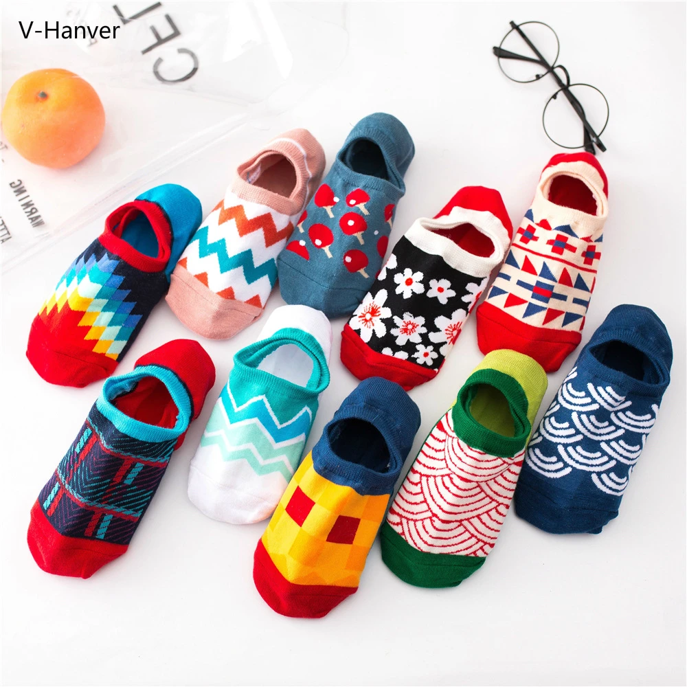 

V-Hanver New Women Socks Cotton Harajuku Kawaii Pink Cute Ankle Socks Funny Short Socks Print Geometric Casual Gril Socks 35-42