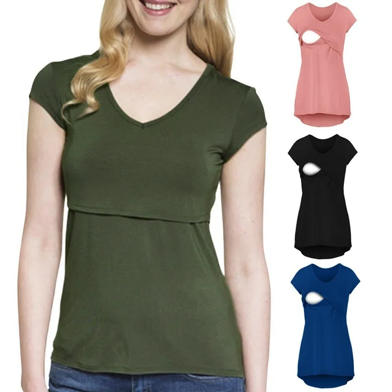 ENXI Женские топы с коротким рукавом для кормящих мам, футболка для грудного вскармливания, удобная одежда для беременных с круглым вырезом, многослойные топы, футболки