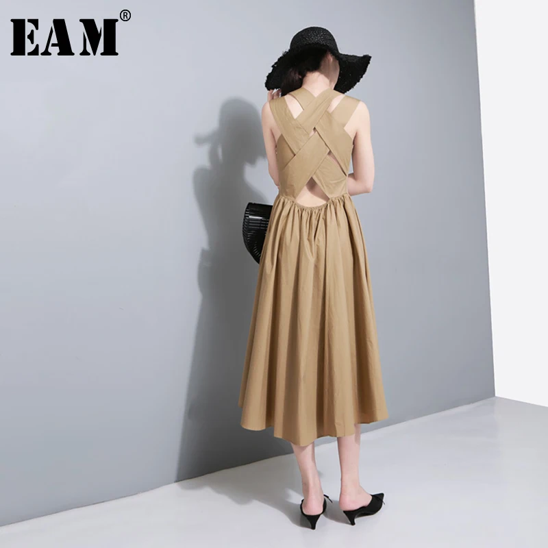 

[EAM] 2019 New Spring Summer Round Neck Sleeveless White Loose Back Cross Bandage Loose Temperament Dress Women Fashion JU175