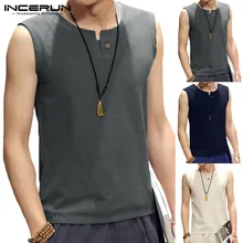 INCERUN/Летняя хлопковая повседневная майка без рукавов, топы для мужчин с круглым вырезом, ретро винтажная жилетка, однотонные футболки, мужская одежда, большие размеры