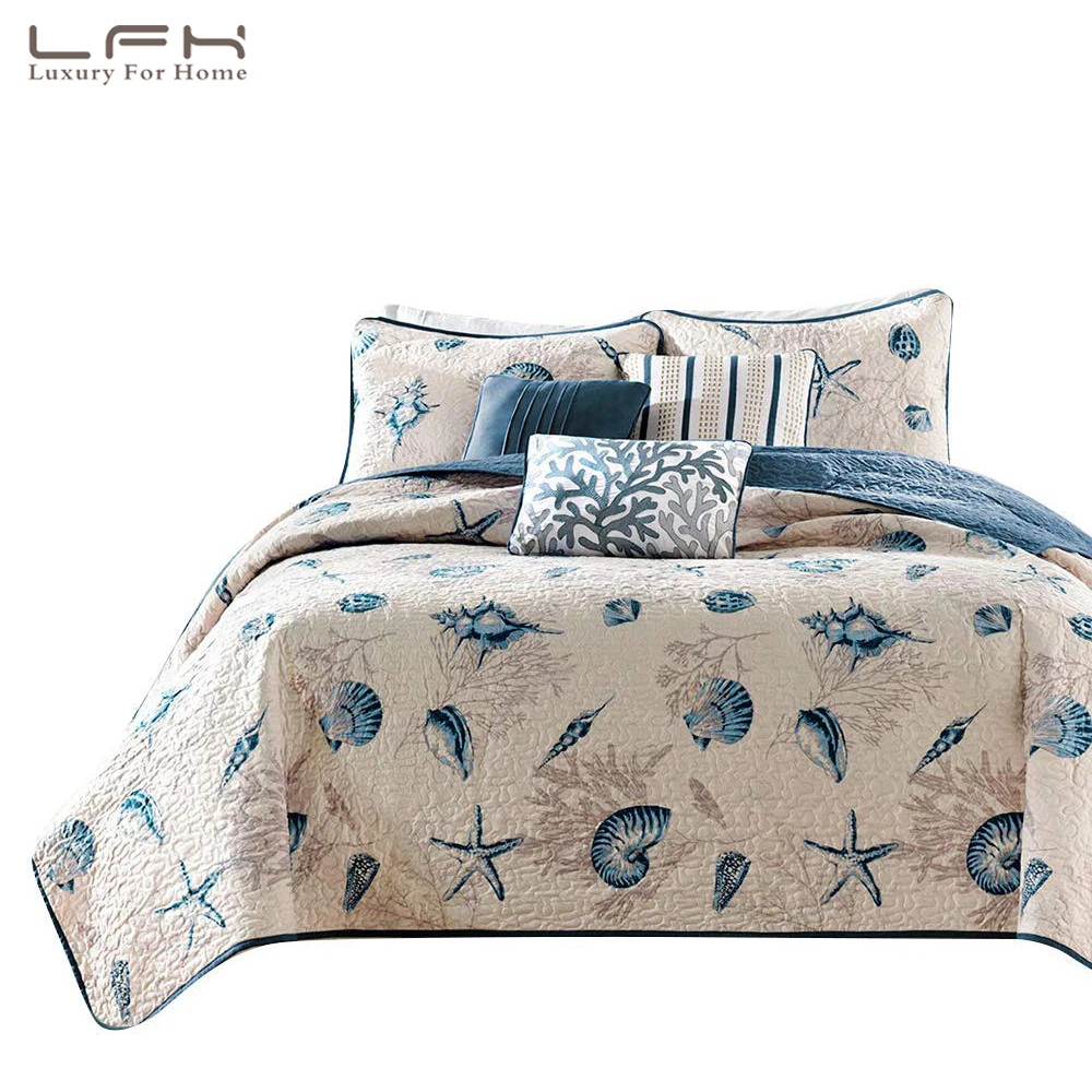 

LFH Seashell Beach King Size Quilt Set with Shams Shell Print Pattern Ocean 100% Cotton Resversible Bedspread Patchwork Quilt