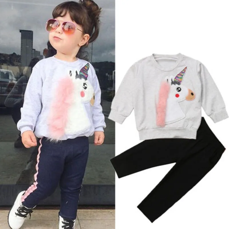 

2019 Autumn Baby Kids Girl Unicorn Clothes Set Long Sleeve Pullover Sweatshirt Tops Pants Tracksuit Children Baby Girl Clothing