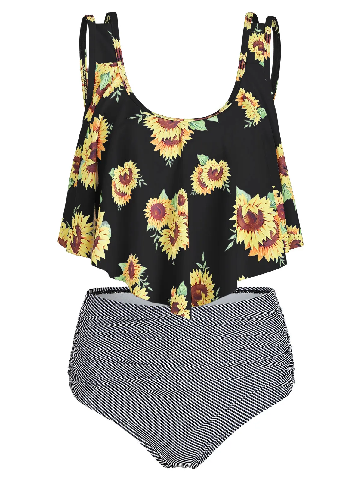 

Wipalo Sunflower Striped Flounce Women Swim Set High Waisted Two Piece Bathing Suit Casual Summer Beach Wear Bathing Sets
