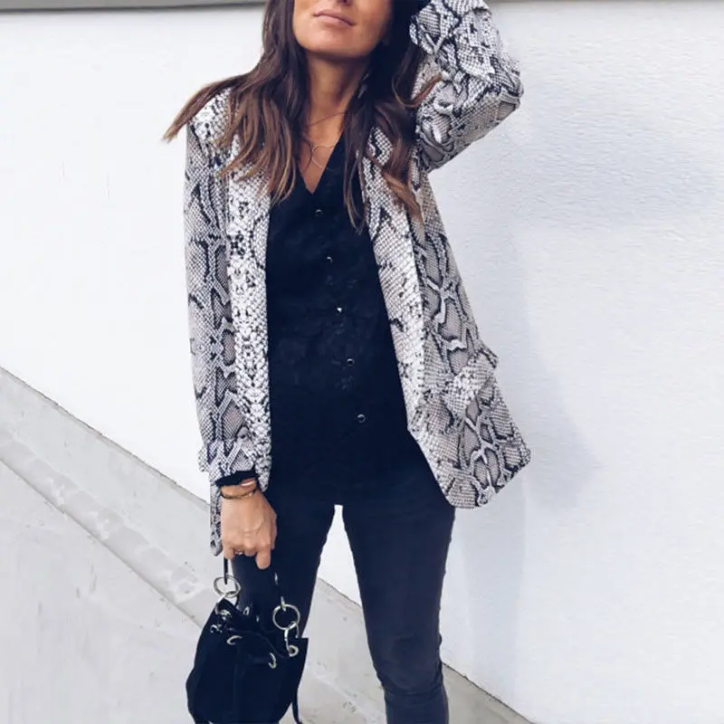 

2018 Women England Style Snake Print Blazer Pockets Notched Collar Long Sleeve Coat Female Outerwear