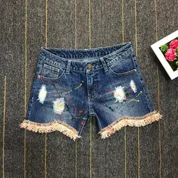 Летние Винтаж отверстие Джинсовые шорты Для женщин Высокая талия с потертыми краями прямые короткие джинсы Свободное длинное платье с