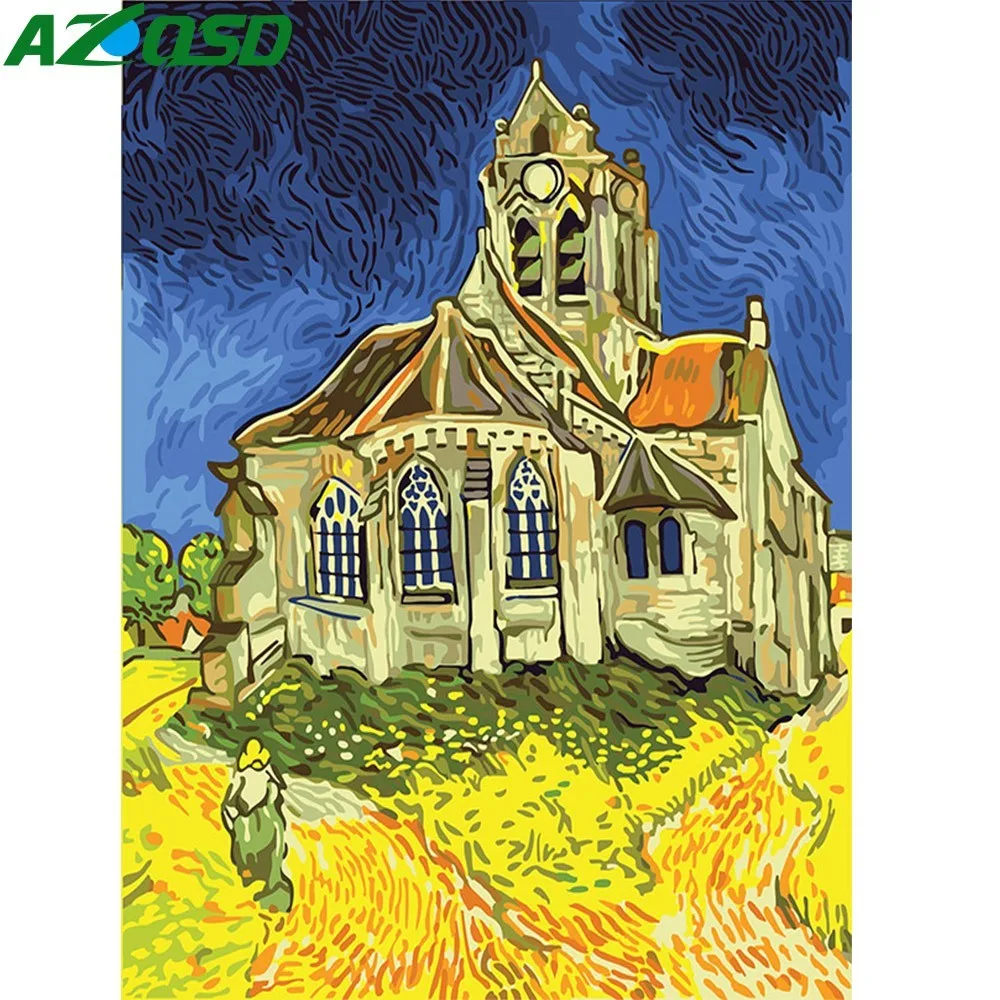AZQSD масляная краска Ночной пейзаж абстрактная краска по номерам краска церковь DIY Холст Картина Ручная Краска ed украшение дома K424