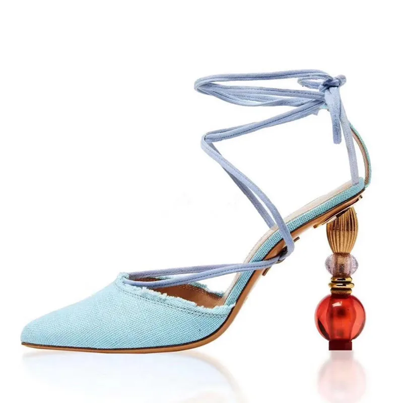 19ss Runway Cross Tied Ladies Gladiator Sandals Sexy Pointy Toe Strange High Heel Party Sandals Banquet Club Show Woman Shoes