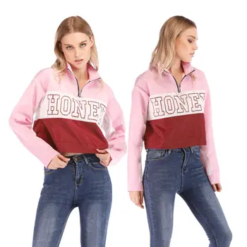 

Fall Winter Women's Honey Print Color Patchwork Long Sleeve Zipper Turn-Down Collar Cool Girls Pink Hoodies Sweatshirts Crop Top