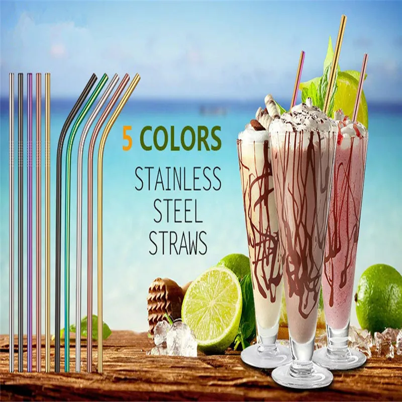 

10Pcs Reusable Drinking Straw High Quality 18/8 304 Stainless Steel Metal Straws with Cleaner Brush and Storage Pouch