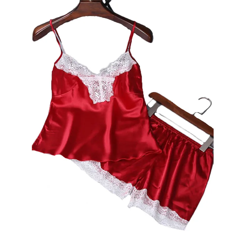 2Pcs Women's Sexy Pajamas Satin Silk Pajamas Sets Ladies Sleeveless