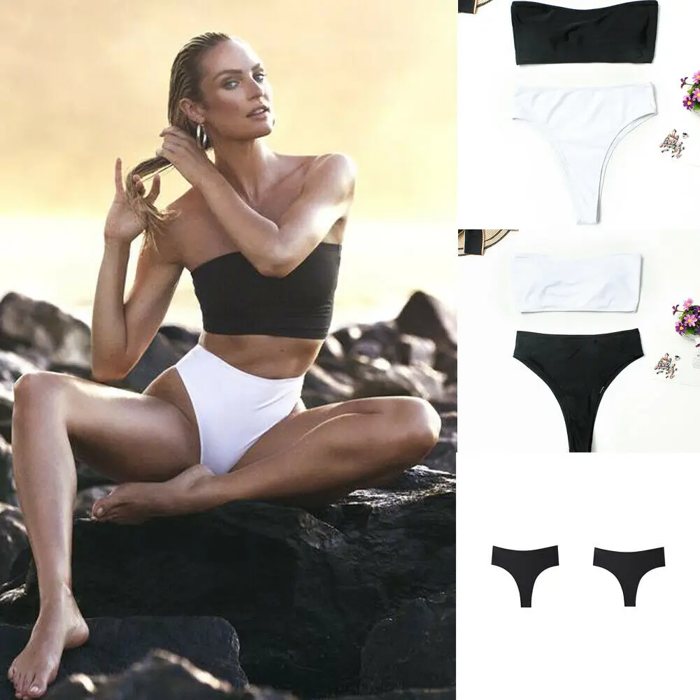 

Women Bandeau Bra Bandeau Bikini Set Push-Up Brazilian Biquini Swimwear Women Black White Beach Set Sexy Swimsuit