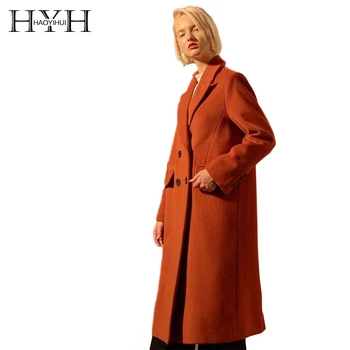 

HYH HAOYIHUI Classic Simple And Generous Temperament Double-Breasted Back Slit Ladies Wool Coat