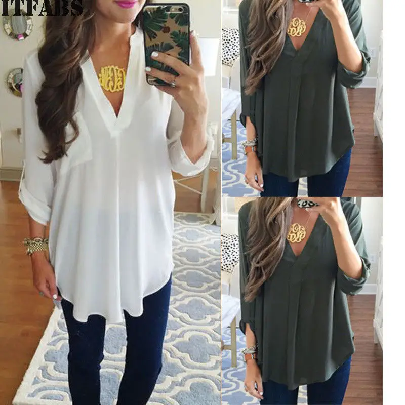 

2019 Women Spring Long Sleeve V-Neck Shirt Ladies Autumn Loose Casual Solid Blouse Pullover Top
