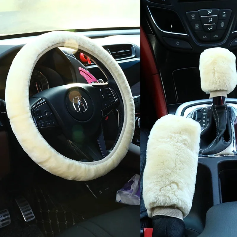 

3Pcs/set Universal Steering-wheel Plush Car Steering Wheel Covers Winter Faux Fur Hand Brake & Gear Cover Set Car Accessories