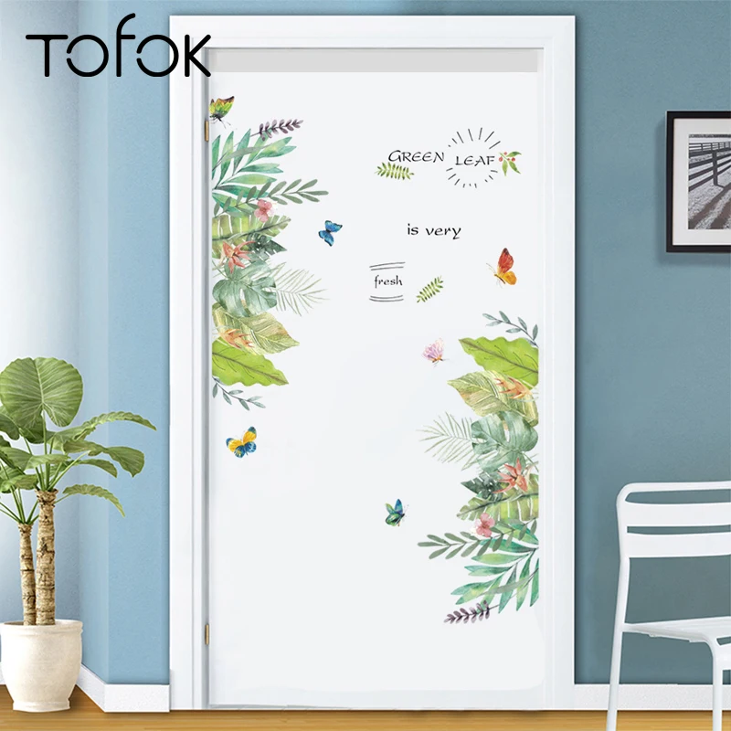 Tofok Fresh Green Leaves Wall Sticker Door Sticker Refrigerator Setting Wall Mural PVC Sticker For Home Furniture Decoration