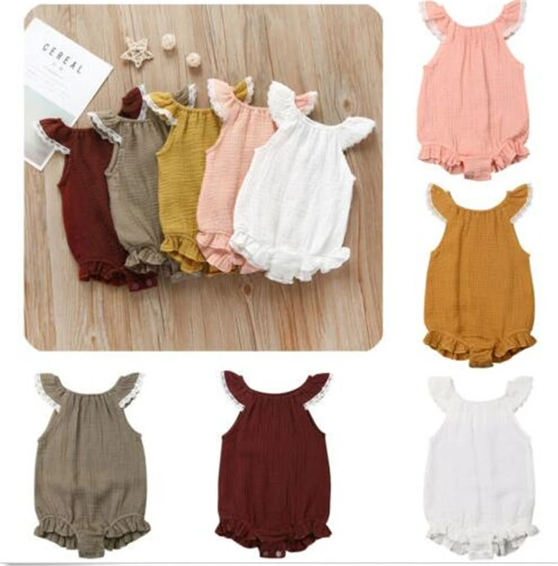 Baby Girl Bodysuit Newborn Infant Baby Girls Lace Ruffle Pleated Cotton Bodysuit Jumpsuit Summer