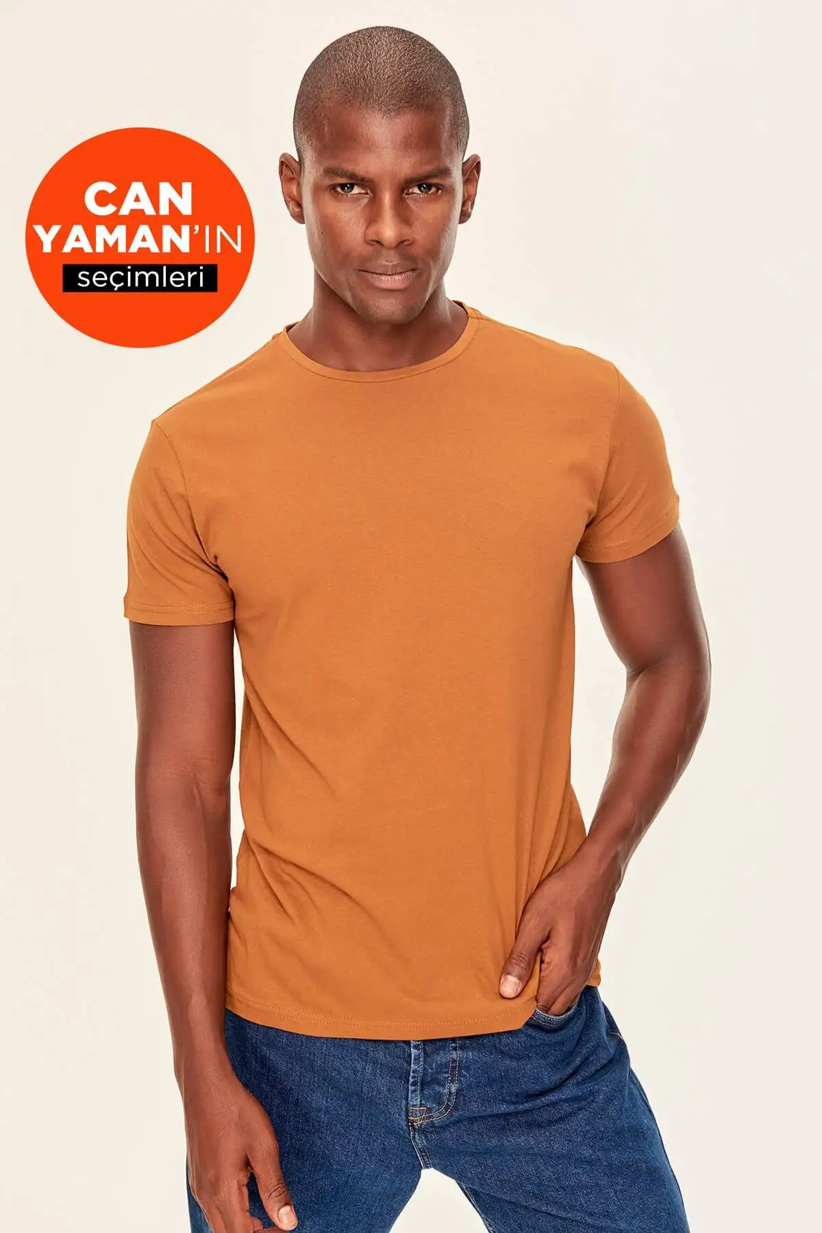 Trendyol горчичный бас Мужская хлопковая футболка-велосипед воротник Slim Fit с