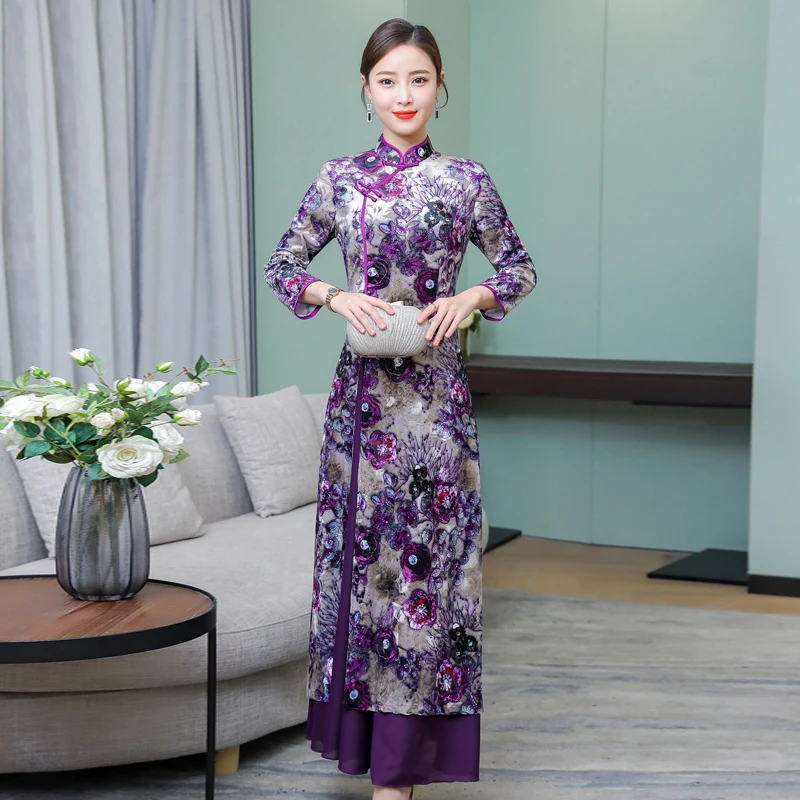 Весна классический стиль платье Чонсам с длинным рукавом фиолетовый cheongsam женская цветочная печать Вьетнам Бархат длинное qipao