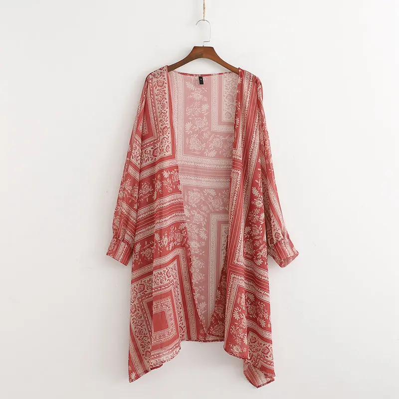 

2019 Summer New Women Long Shirts Vintage Prints Chiffon Material Feminino Blusa Female Sunscreen Cardigans Wide Kimono Blouse