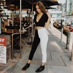 2019 Новый Для женщин Высокая Талия прямые брюки узкие модные черный, белый цвет лоскутное Повседневное штаны комбинезон с карманами брюки