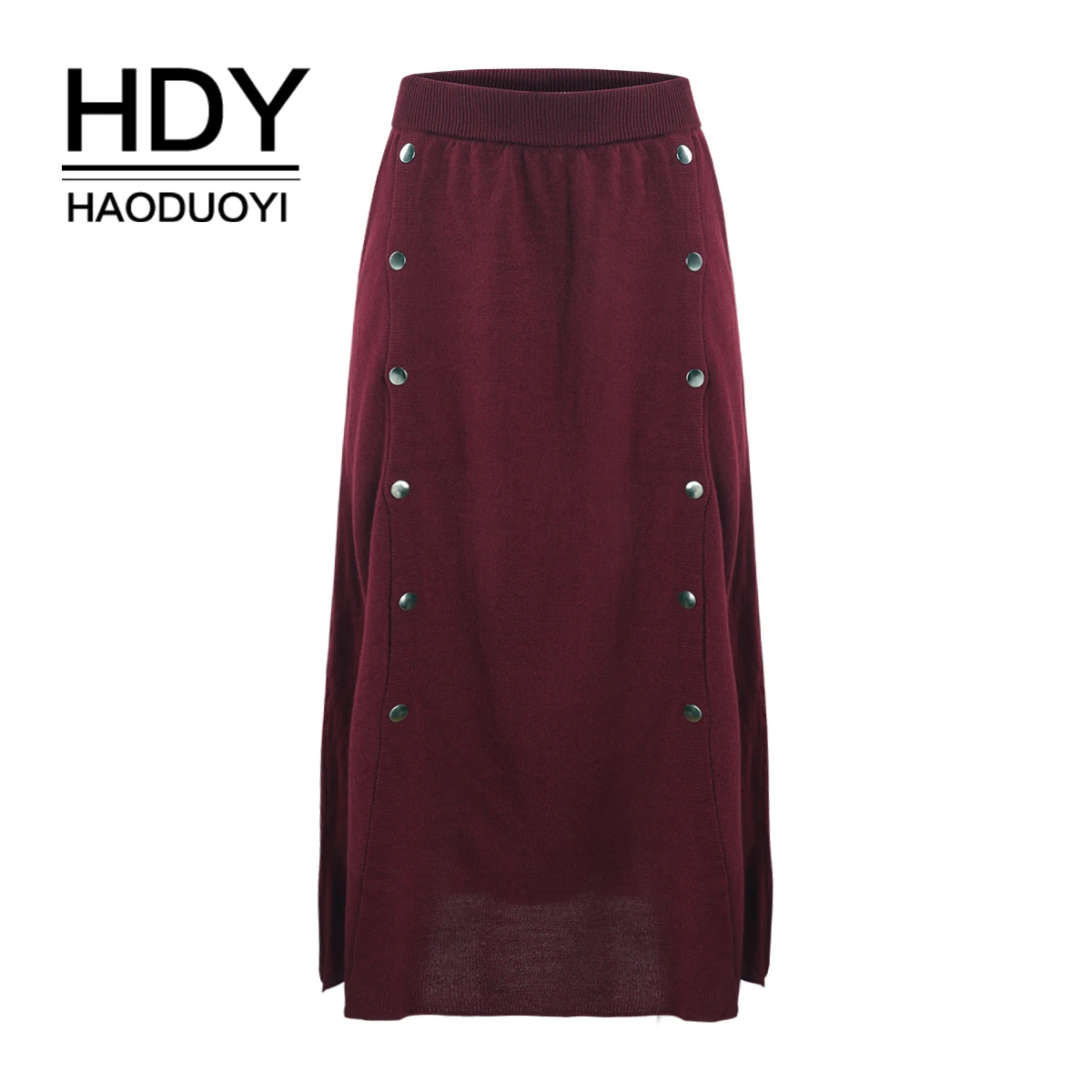 

HDY Haoduoyi Retro Wine Red Metal Double-row Button Front and Side Open and Crooked Half-length Skirt
