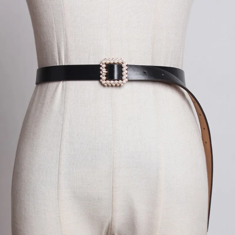 

[YaLee] New Fashion 2019 Spring Summer Pearl Square Pin Buckle Girdle High Quality Pu Leather Long Belts Women 6 Colors Y859