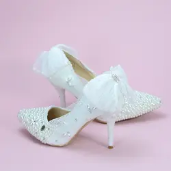 Свадебные туфли белые Цвет Кристалл Шнуровка с бантиком жемчугом сладкий принцесса Styel каблуке с острым носком изящные и Красивая обувь