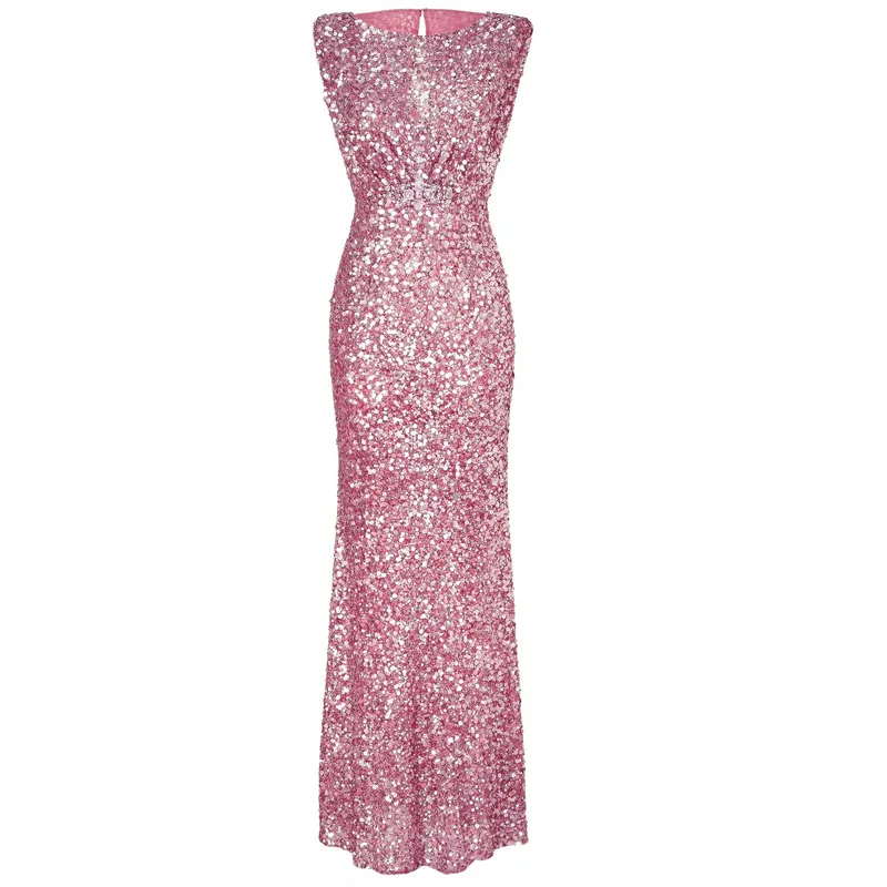 

Womens New Fashion Elegant Backless Sequins Long Dress O-neck Sleeveless Slim Dress Ladies Winter Autumn Evening Party Dresses