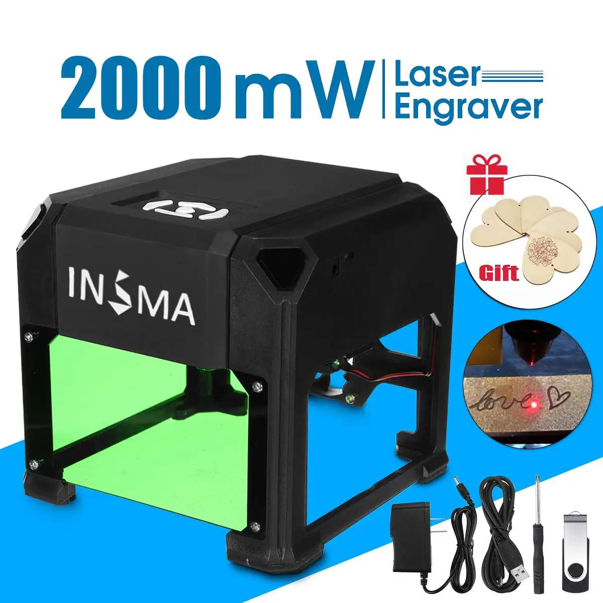 

WOLIKE 2000mW/3000mW Desktop Laser Engraving Machine USB DIY Logo CNC Laser Engraver Printer With Heart Wooden Board