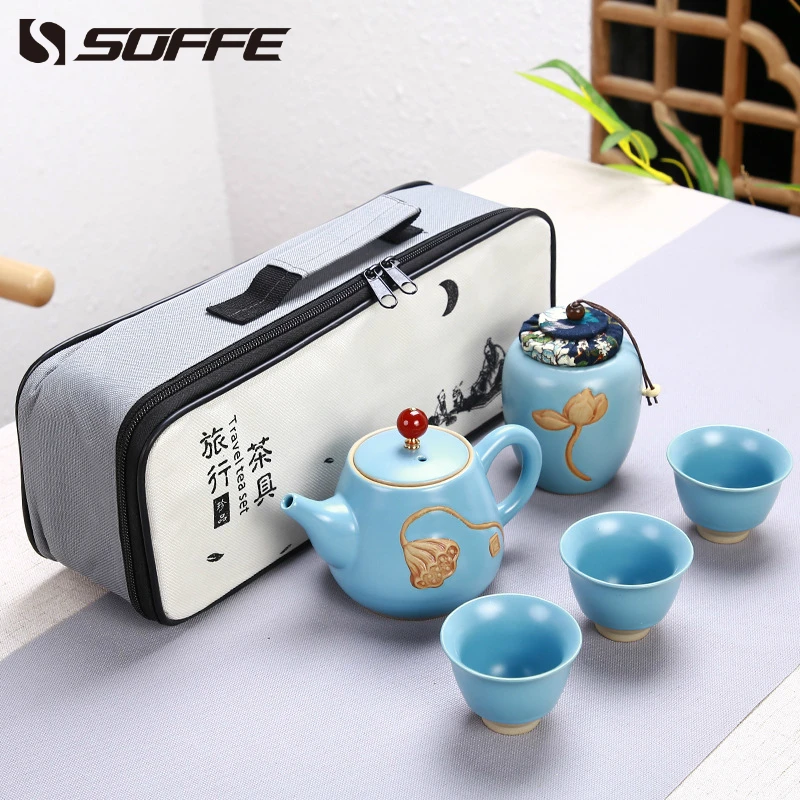

Soffe Lotus Pottery Portable Chinese Tea Set 3 Cup Ceramic Bone China Gaiwan Kong Fu Teapot Set With Shortage Box Tea Organizer