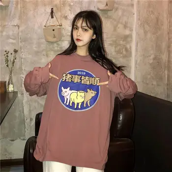 

Spring Autumn Women Long-Sleeved T-Shirt Cute Piggies Hieroglyphics 2019 Year Chinese Zodiac Oversize