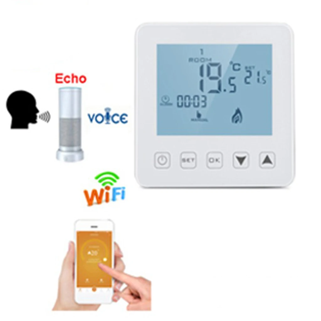 

HY08WE-4 Wi-Fi WiFi Programmable Digital Touchscreen Thermostat 7 Days Geofencing Floor Heating System Echo APP Control
