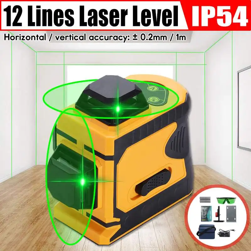 

12 Lines Green Cross Line Laser Level 532nm 3D 360 Degree Rotation Auto Leveling Horizontal Vertical Laser Beam With Wall Frame
