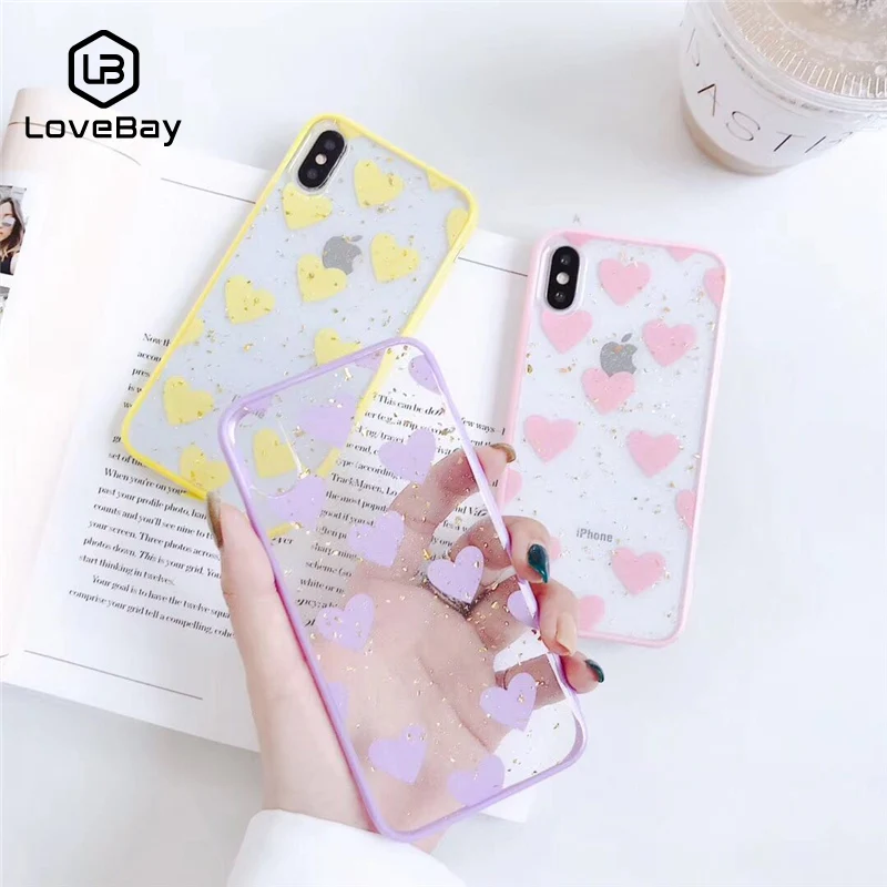 

Lovebay For iPhone 6 6s 7 8 Plus X XR XS Max Phone Case Glitter Bling Foil Cartoon Love Heart Clear Soft TPU Cover For iPhone X