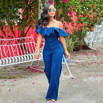 

Women Slash Neck Ruffles Denim Jumpsuits Fashion Bow Belt Zippers Romper Sping and Summer Sexy Sleeveless Wide Leg Pant Jumpsuit