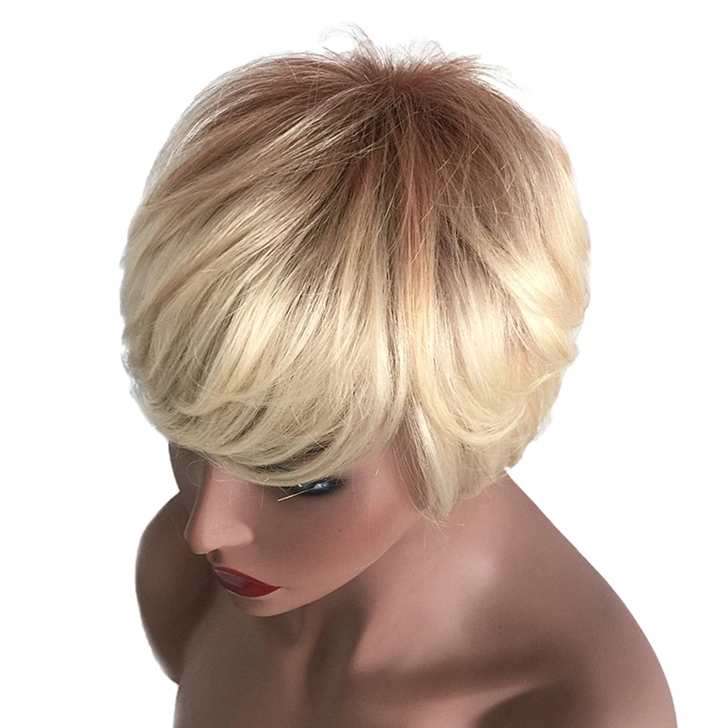 

Natural Short Bob Wigs Human Hair Pixie Cut Wig for Women w/ Bangs 8 inch Brown