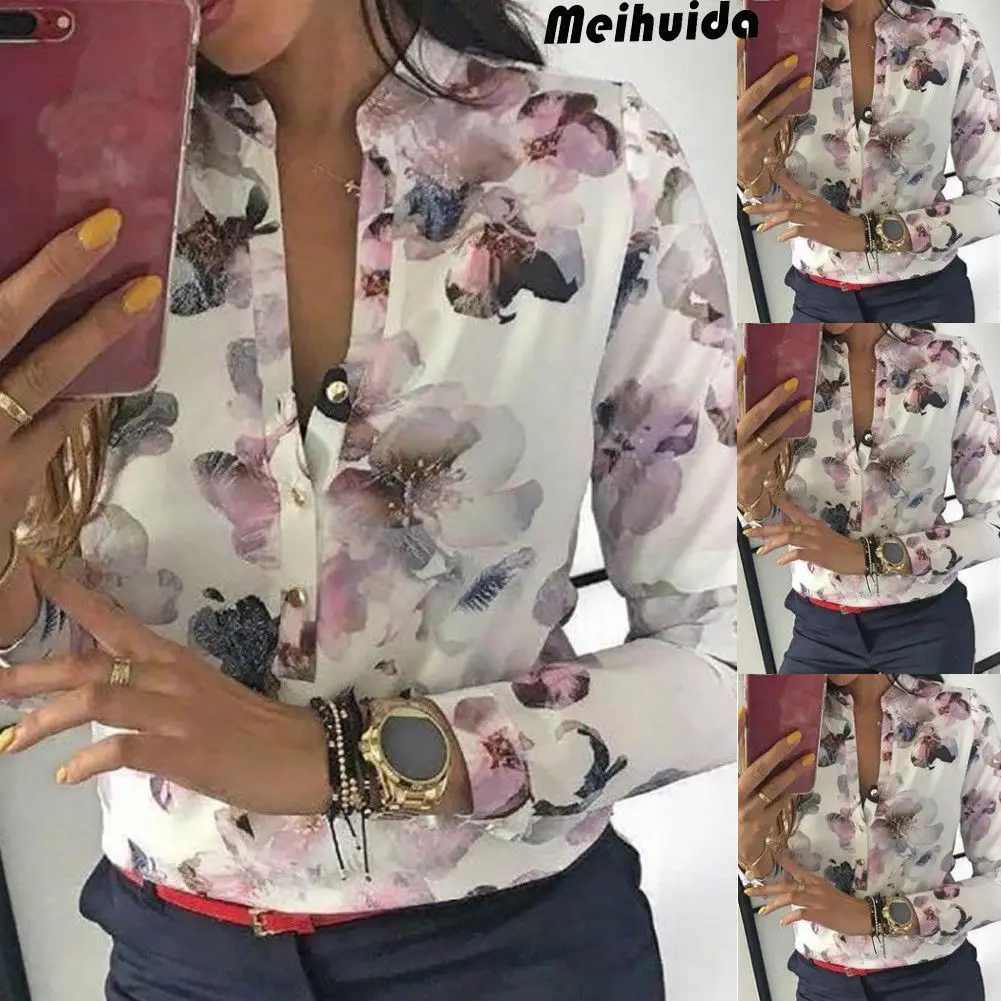 

blouse 2019 New Springs Women Long Sleeve V neck Floral Button Tops Blouse Casual loose Fashion Shirt
