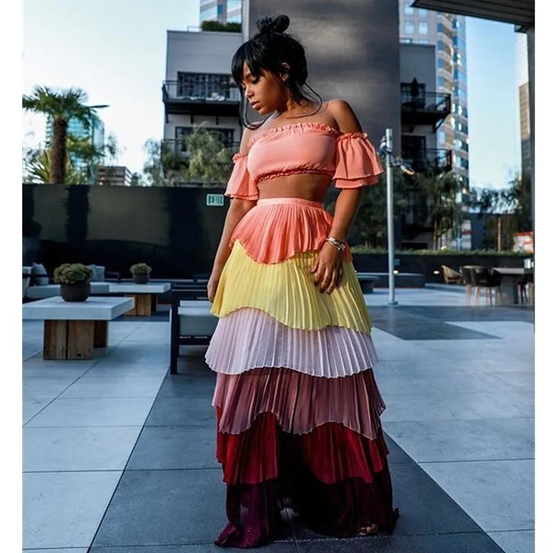 

Two Pieces Set Women Off Shoulder Lantern Sleeve Ruffles Casual Beach Summer Dress Maix Boho Beach Summer Dress