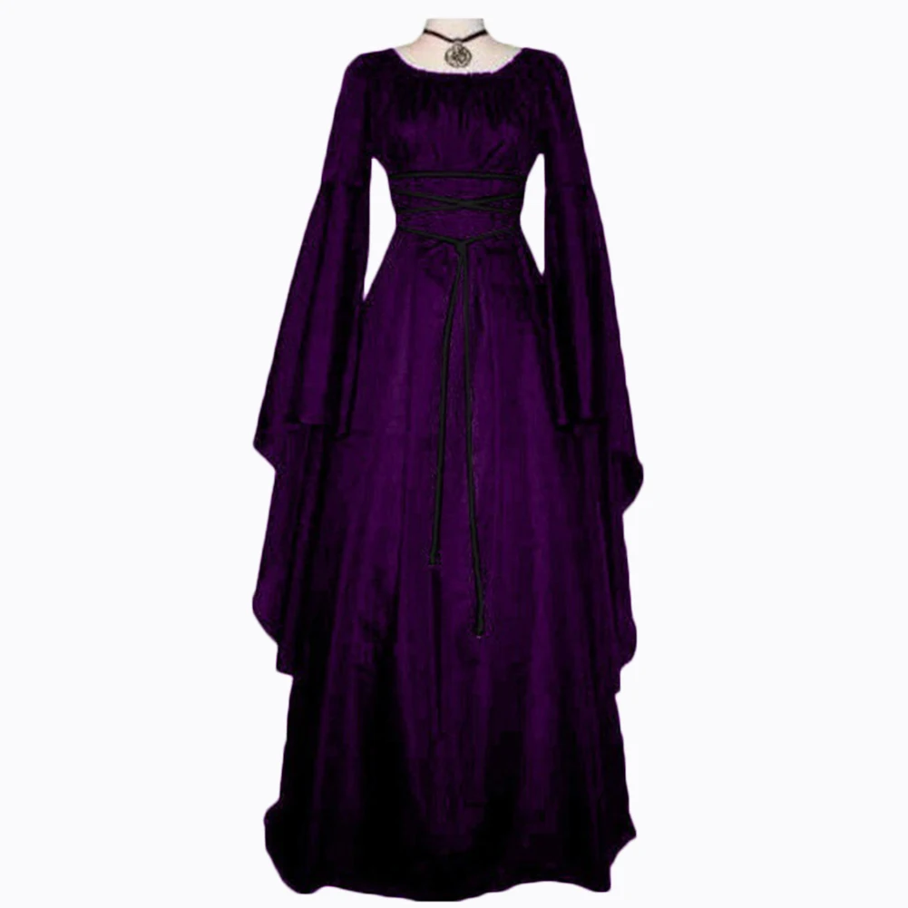 Medieval Women's Solid Vintage Victorian Gothic Dress Renaissance Maiden Dresses Retro Long Gown Cosplay Costume For Halloween