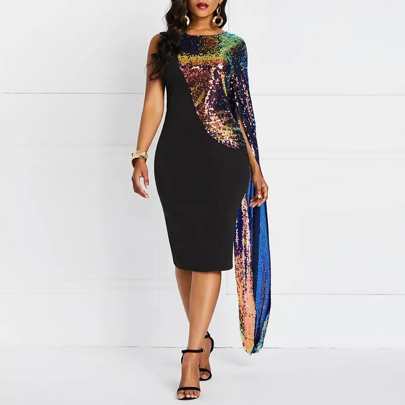 

Color Sequins Dress Women Spring Sexy Evening Cloak Sleeve Fashion Brand Black Elegant Party Club Slim Ladies Bodycon Dresses