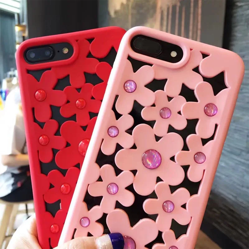 

3D Flower Case For iPhone 7 8 Plus X S XS Max XR Hollow Flower with Bead Shockproof Soft TPU Silicine Case Cover Skin