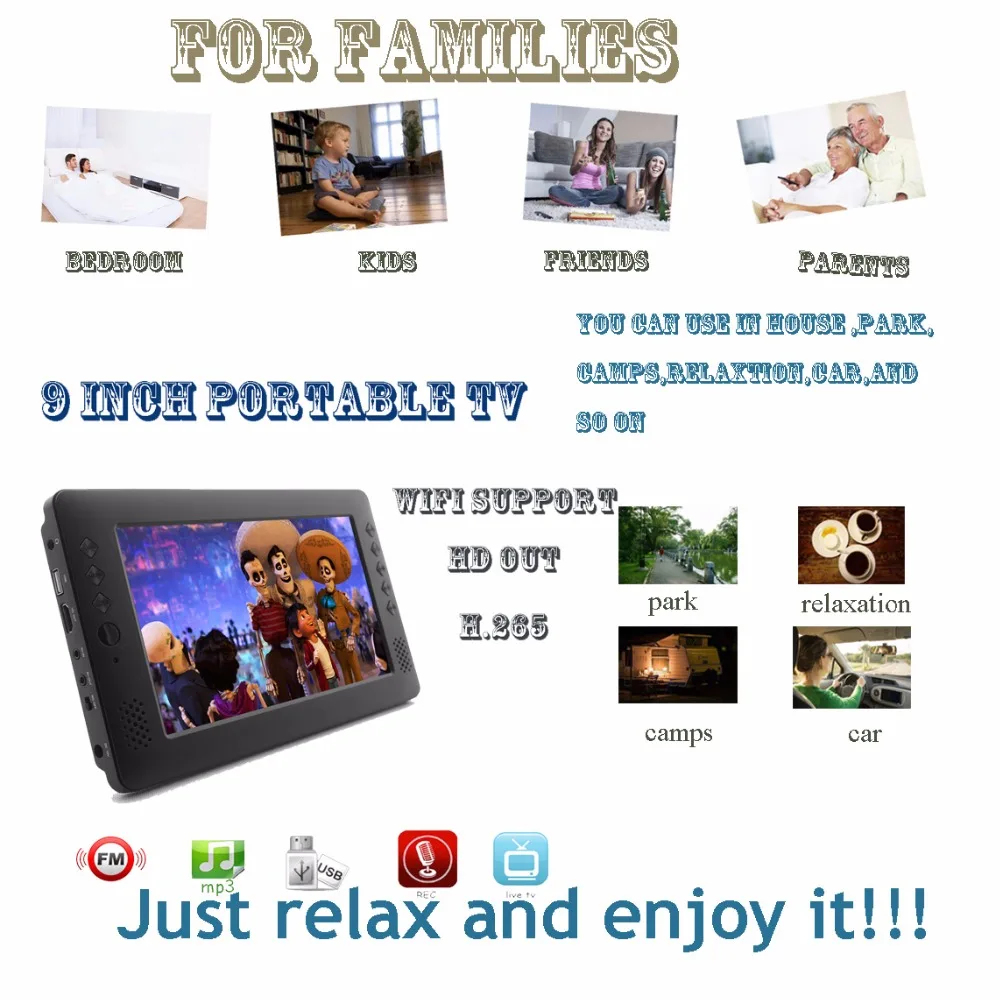 

Factory price! rechargeable battery H.264 USB HD out multi-language OEM software upgrade digital 9 inch portable tv!