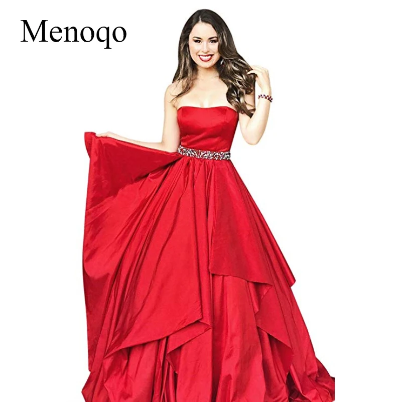 

Menoqo Sexy Strapless Beaded Sash Long Satin Evening Dresses Red