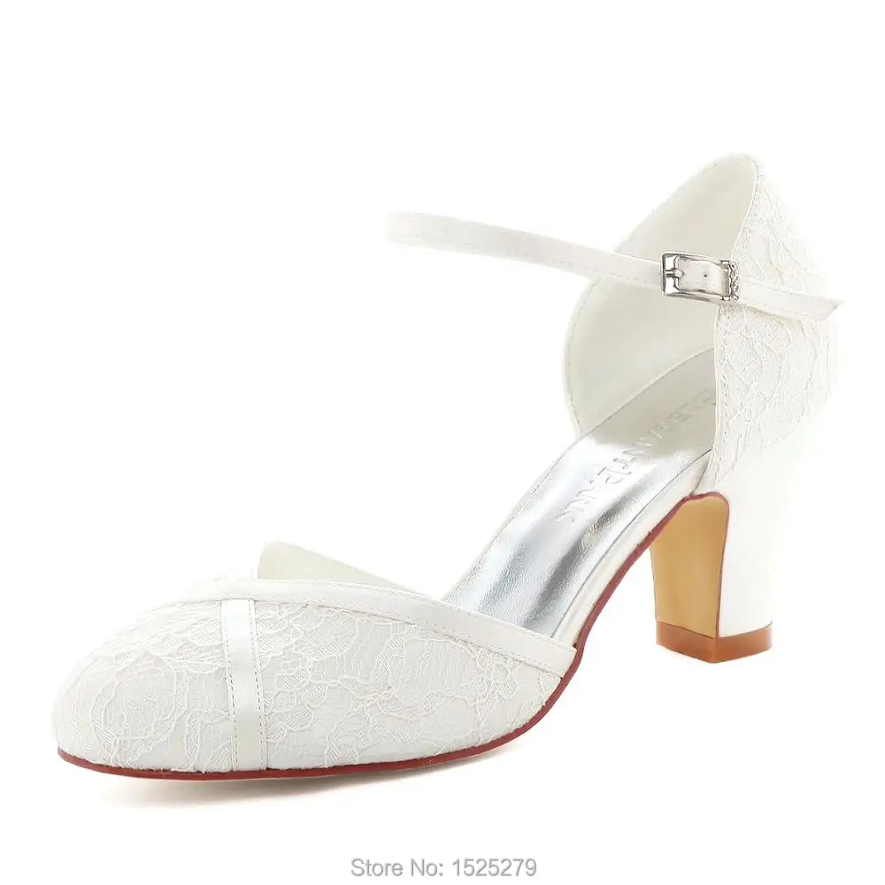 

HC1802 White Ivory Women Bride Bridesmaids Pumps Closed Toe Block Heel comfort Lace Wedding Bridal Shoes prom party