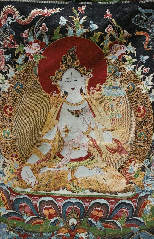 Tibet Buddhism Silk Satin Dragon Green Tara Guan Yin Thangka Painting Mural