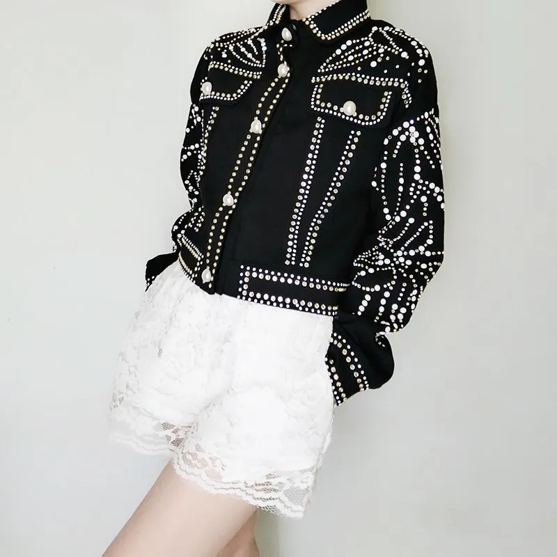 Female 2019 Spring Streetwear Black Denim Jacket Harajuku Heavy Hand Beaded Pearls Diamonds Coat