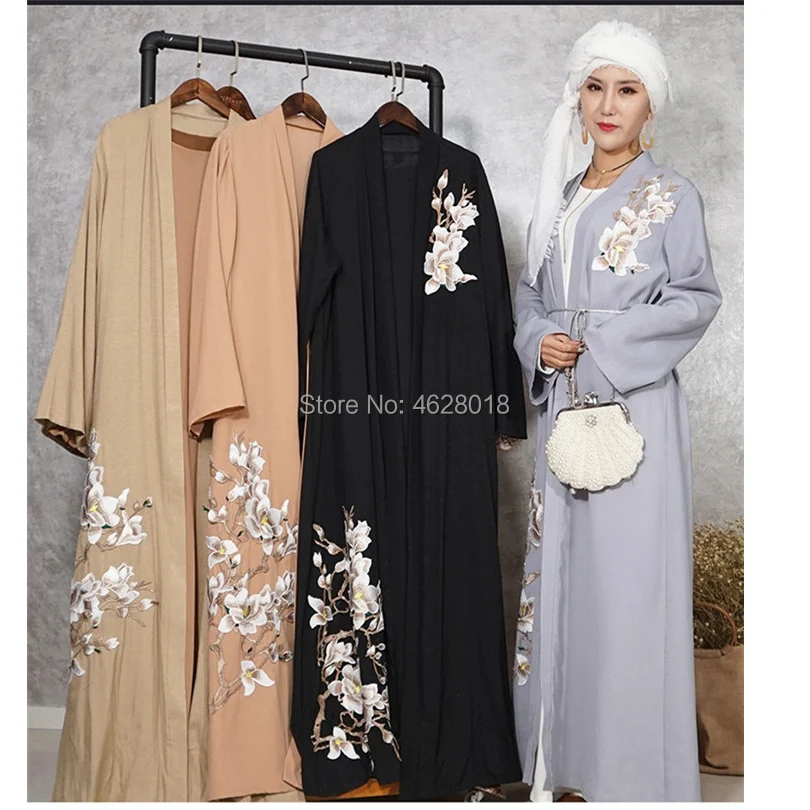 

Luxury Embroidery Floral Abaya Muslim Maxi Dress Cardigan Long Robe Gowns Jubah Kimono Ramadan Arab Islamic Prayer ClothinG