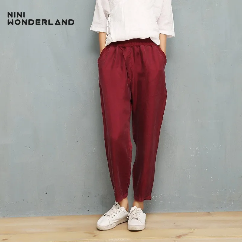 NINI WONDERLNAD летние штаны-шаровары женские тонкие купро и шелковые повседневные брюки женские однотонные брюки с эластичной резинкой на талии женские брюки