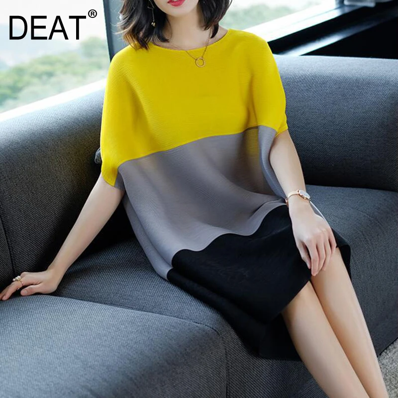 

[DEAT] 2019 New Fashion Women Summer Short Batwing Sleeve Panelled Pleated Dress O Neck Casual Loose Large Size Dresses NA947